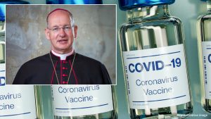 Bishop Richard Moth and representative vials of vaccine; Diocese of Arundel & Brighton and Daniel Schuldi